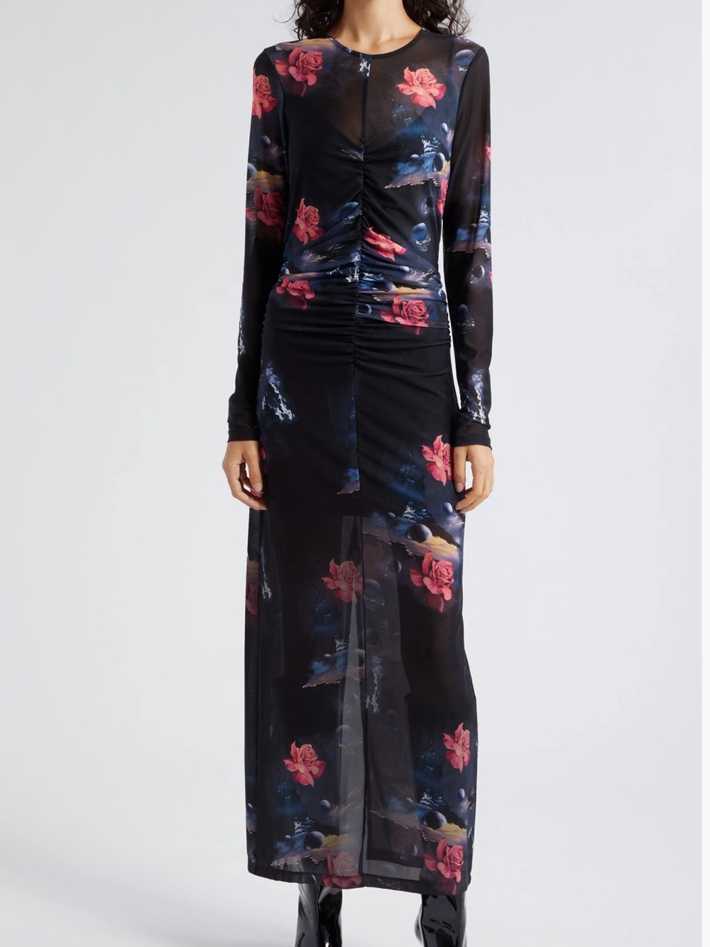 GANNI Floral Celestial Print Long Sleeve Mesh Maxi Dress Sz 38/6‎